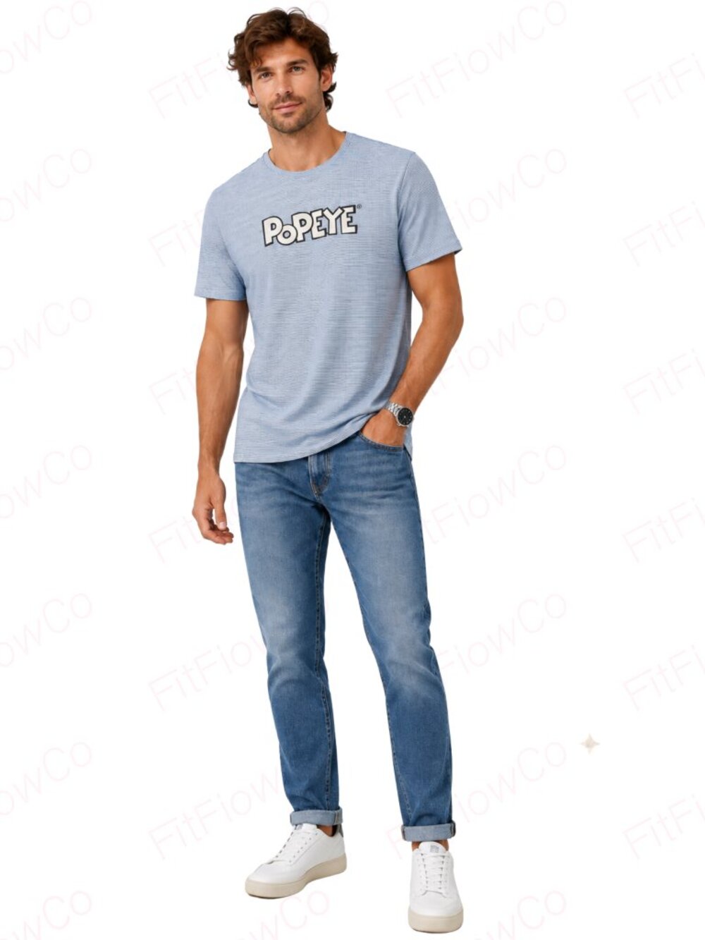 ZARA x Popeye Men’s L Light Blue Micro Stripe Embroidered Graphic T-Shirt